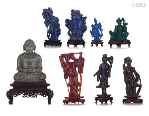 A collection of semi-precious stone figures, tallest H 20,5 ...