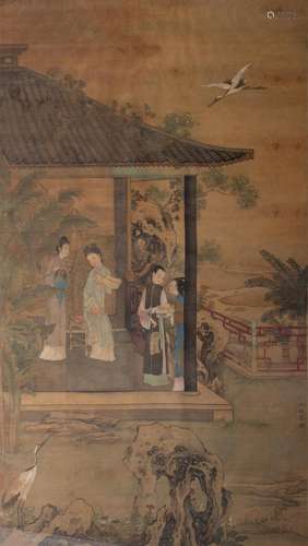 A Chinese watercolour on silk, 'Beauties on a terrace...