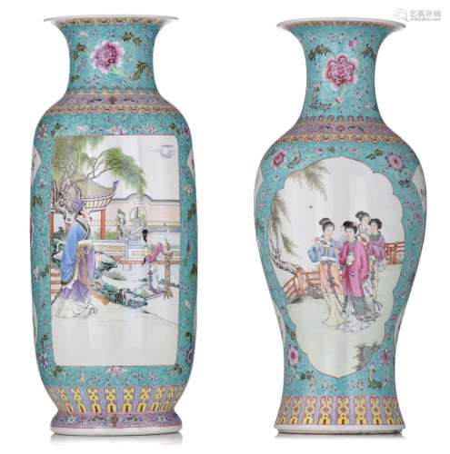 Two Chinese famille rose on turquoise ground vases, Republic...