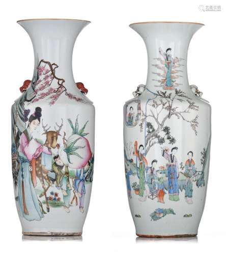 Two Chinese famille rose 'Female figural' vases, wit...