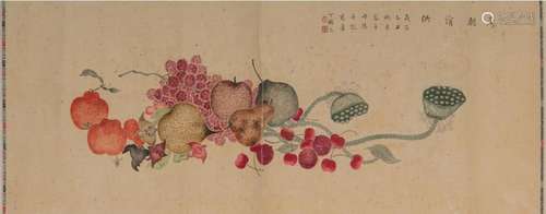 A Chinese scroll, still life with fruit, ink and watercolour...