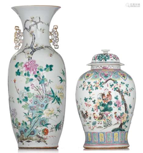 A Chinese famille rose covered vase and vase, late 19thC, H ...