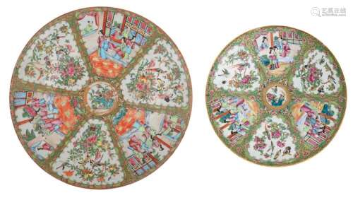 Two Chinese Canton famille rose chargers, 19thC, ø 34,5 - 47...