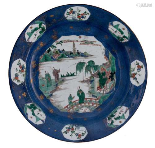 A Chinese famille verte and powder-blue ground charger, Kang...