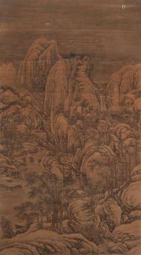 A Chinese scroll, Mountainous riverscape, ink on silk, mid-Q...
