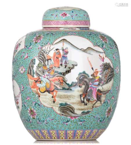 A large Chinese famille rose on turquoise ground 'The Ro...