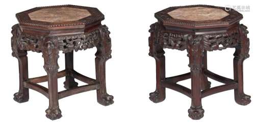 Two Chinese octagonal hardwood bases with a marble plaque, H...