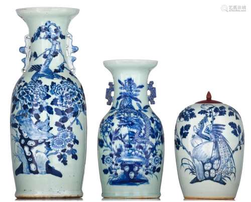 A collection of blue and white on celadon ground vases, 19th...