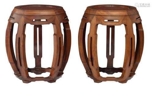 A pair of Chinese hardwood garden seats, H 45 cm