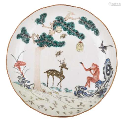 A Chinese famille verte 'deer and monkey' lobed plat...