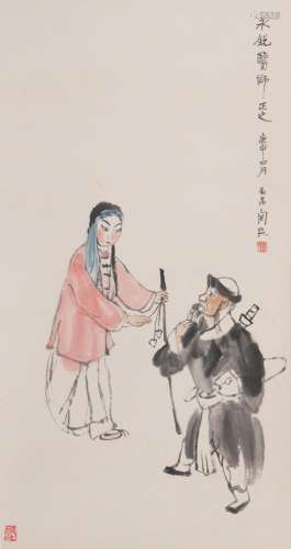 A Chinese scroll, opera characters, ink and watercolour on p...
