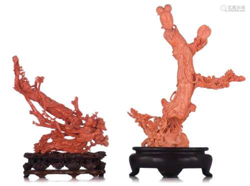 Two Chinese sculpted red-coral groups, all fixed on a base, ...