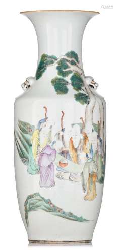 A Chinese famille rose vase, paired with Fu lion handles, Re...