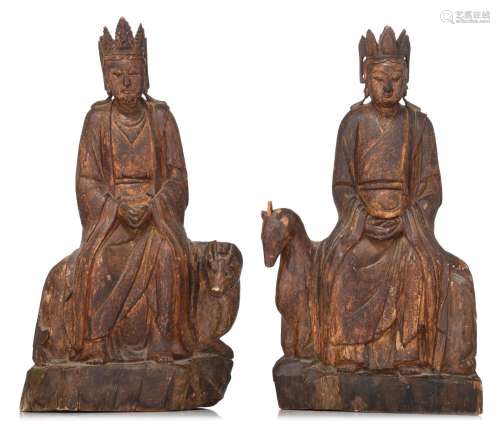 Two Chinese polychrome and gilt wooden figures of Bodhisattv...