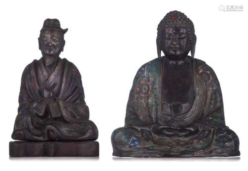 Two Japanese champlevé enamelled bronze figures, Meiji perio...