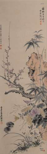 A Chinese scroll, 'prunus, chrysanthemum, orchids and ba...