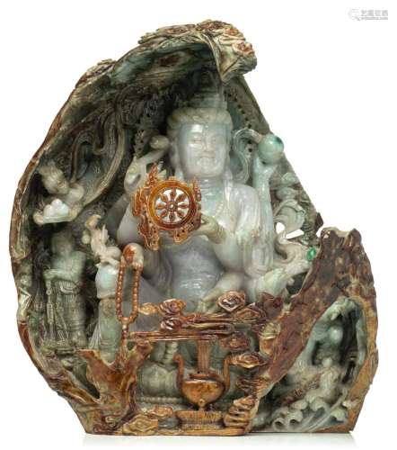 A Chinese russet and emerald jade carving of Bodhisattva Ava...