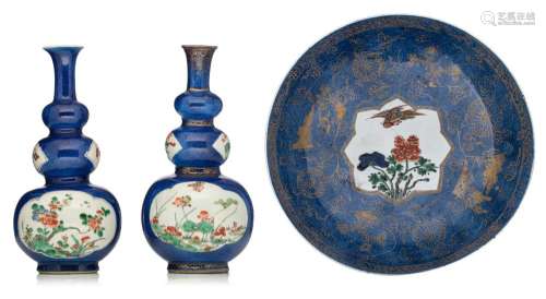 Two Chinese powder-blue ground and famille verte triple-gour...