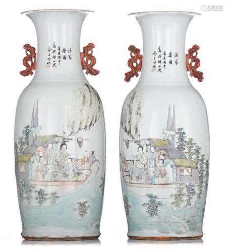 A pair of Chinese Qianjiangcai vases, with signed texts, pai...