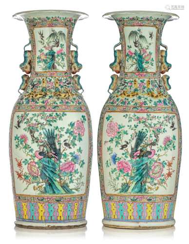 A pair of large Chinese famille rose vases, 19thC, H 90 cm