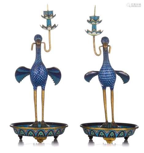 A pair of Chinese cloisonné enamelled bronze 'Crane on t...