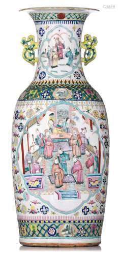 A Chinese famille rose vase, paired with lingzhi handles, 19...