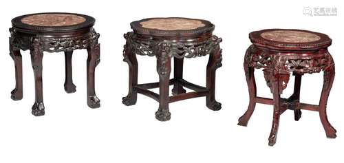 Three Chinese hardwood bases with a marble plaque, tallest H...