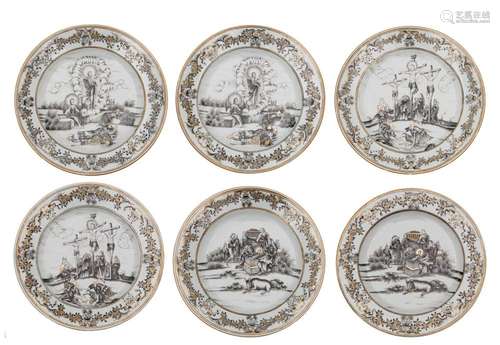 Two sets of three Chinese grisaille and gilt export porcelai...