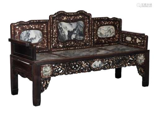 A Chinese hardwood hongmu salon bench, with marble plaques a...