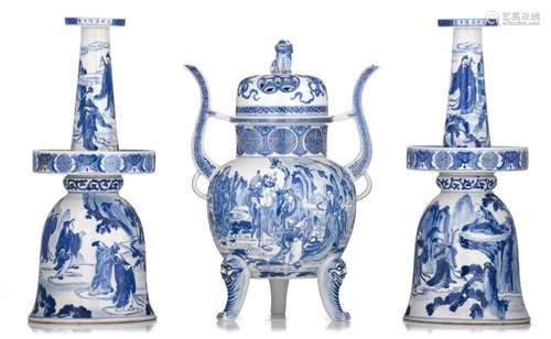 A Chinese blue and white 'Figural' three-piece altar...