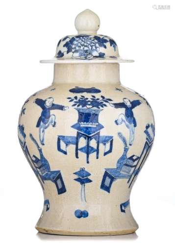 A Chinese blue and white on crackle-glazed baluster vase and...