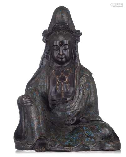 A Japanese champlevé bronze seated Kannon, Meiji period, W 4...