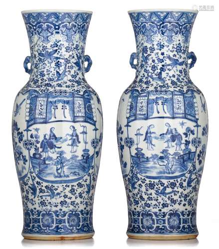 A pair of Chinese blue and white baluster vases, 19thC, H 61...