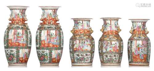 Five Chinese Canton famille rose vases, 19thC, H 35 - 44 cm