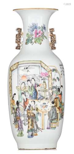 A Chinese Xin Fencai vase, with signed texts, paired with ke...