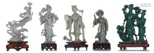 A collection of jadeite and malachite carved figures, late Q...