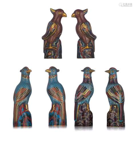 Three pairs of Chinese cloisonné bronze pheasants, 18thC and...