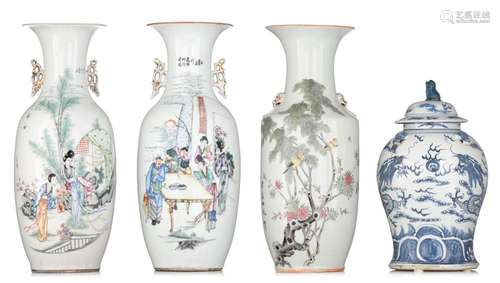 Three Chinese famille rose vases, all with signed texts, and...