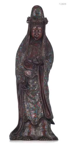 A Japanese champlevé decorated bronze figure of standing Kan...