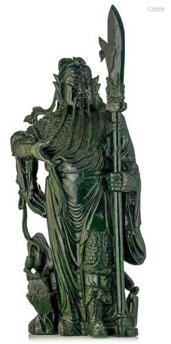 A Chinese dark green jadeite sculpture of Guan Gong, Total H...