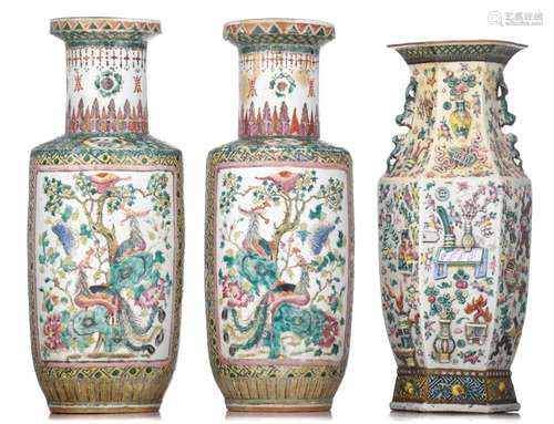 A pair of Chinese famille rose rouleau vases, 19thC, H 61,5 ...