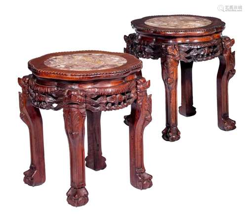 Two Chinese hardwood bases with a marble plaque, H 46 cm