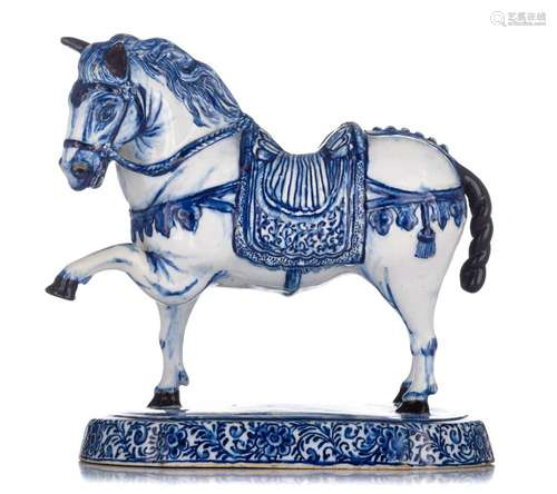 A large Delft blue and white figure of a circus horse, marke...