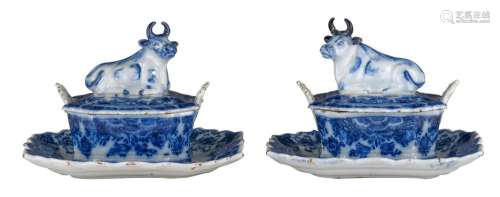A fine pair of Dutch Delft blue and white butter tubs with c...