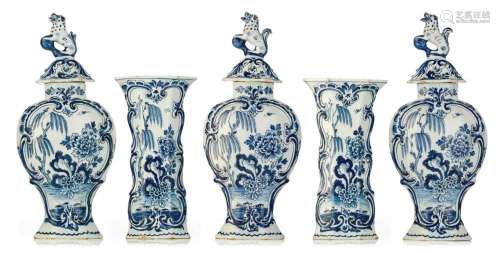 A fine Rococo Delft blue and white chinoiserie five-piece ga...