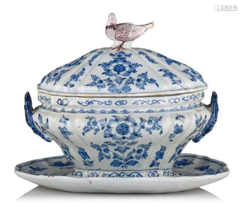 An exceptional Rococo Dutch Delft tureen and cover on stand,...