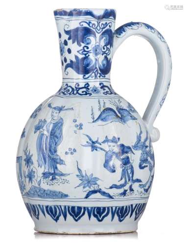A very fine Dutch Delft blue and white chinoiserie pitcher, ...