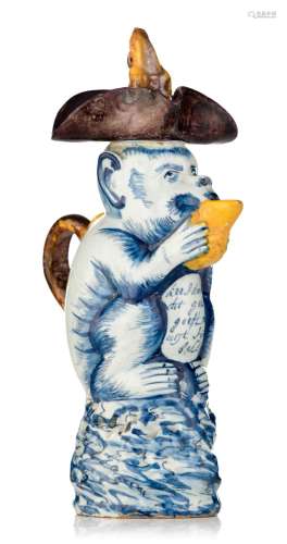 An exceptional Dutch Delft polychrome monkey-shaped milk jug...
