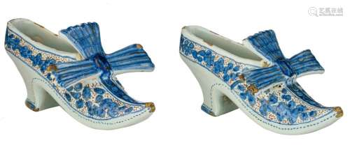 A fine pair of Delft models of Louis XIV style shoes, the fi...