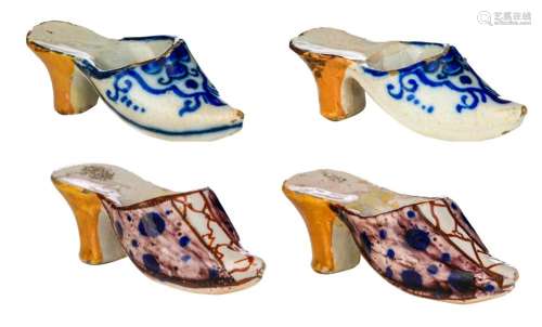 Two small pairs of Dutch Delft models of slippers, 18thC, H ...